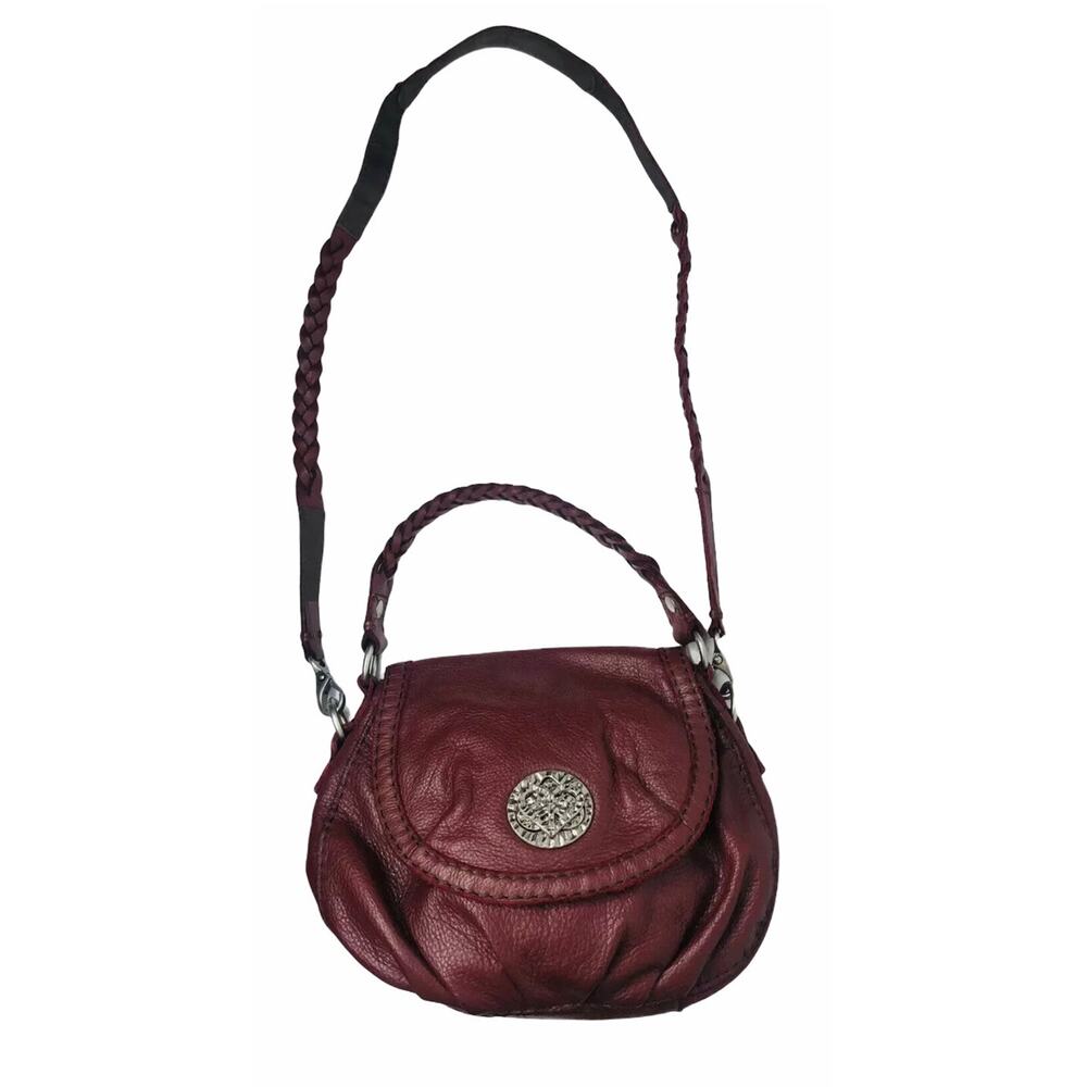 Lucky Brand Burgundy Red Leather Braided Strap Flap Purse‎ Handbag Heart Closure